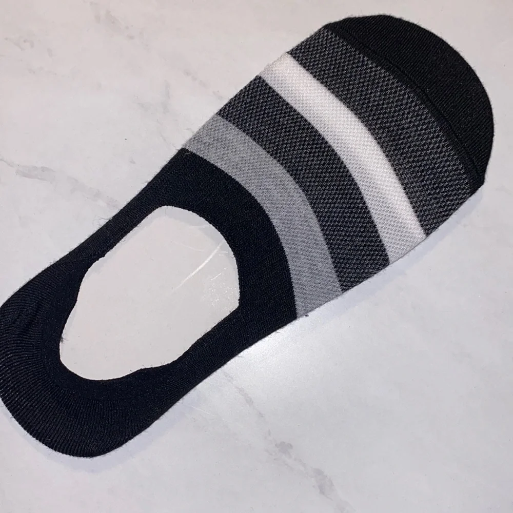 1 pair of black no show below the ankle socks w/ gray, charcoal, & white stripe​